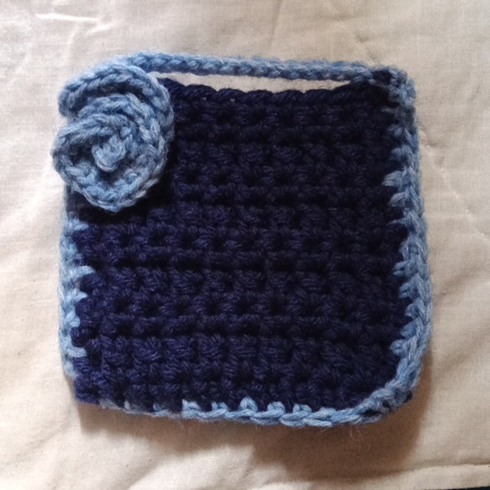 Hand Made Blue Crochet Soap Handbag with Floral Accent And Light Blue Edges